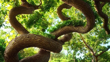 Obraz premium Close-up of lush, twisting vines wrapped around tree branches.