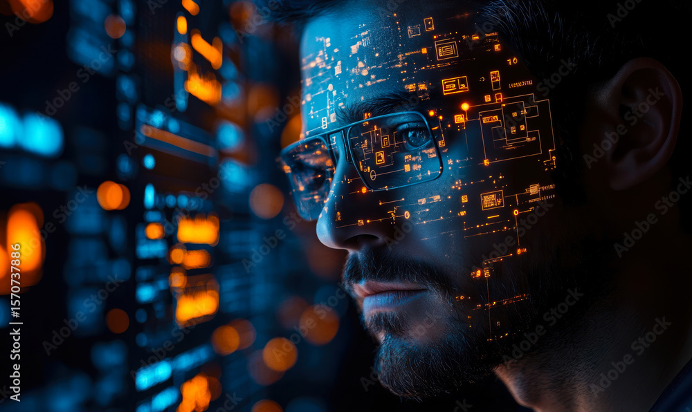 Aufkleber man wearing glasses analyzing futuristic digital circuit interface with blue and orange glowing tech