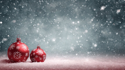 Red Christmas Ornaments in Snow, Festive Winter Holiday Background for Cards and Invitations with Copy Space