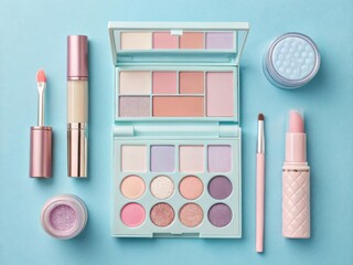 Set of decorative cosmetics on a blue background. Flat lay, top view