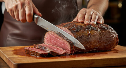 cutting a picanha meat on a cutting board