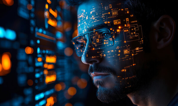 Man wearing glasses analyzing futuristic digital circuit interface with blue and orange glowing technology elements and data flow closeup face portrait