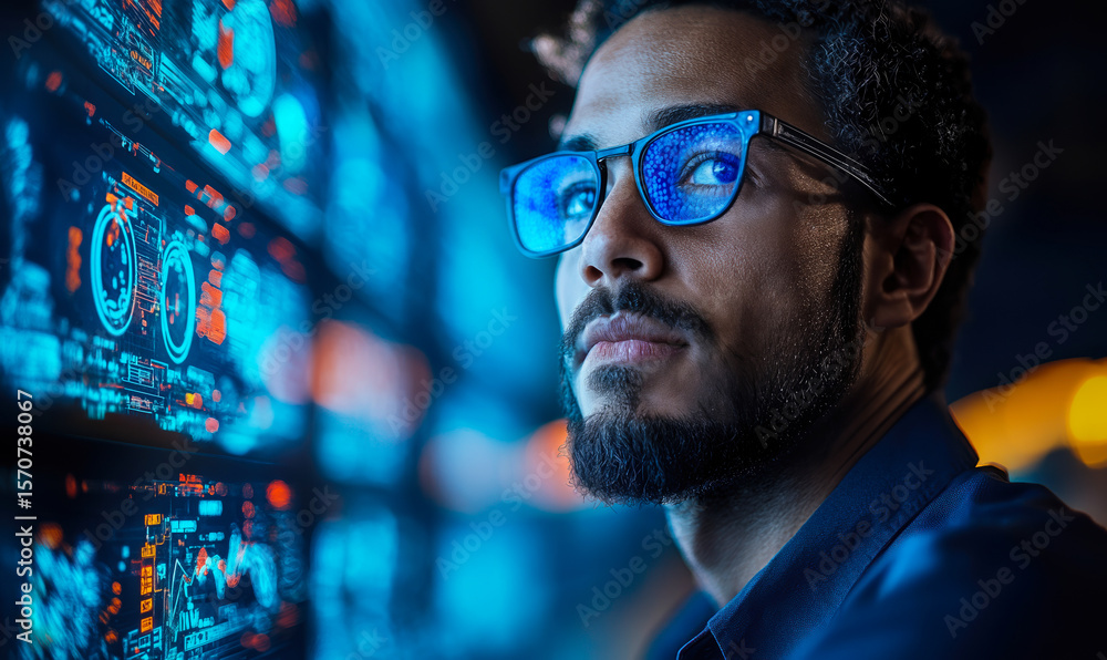 Poster focused it specialist analyzing network security data on multiple digital screens with futuristic bl