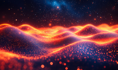 Abstract glowing digital landscape with vibrant orange particles and wave-like luminous terrain under starry dark sky for futuristic technology visualization