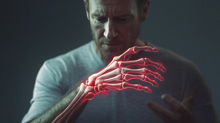 Man with hand pain joint inflammation red skeleton arthritis symptom