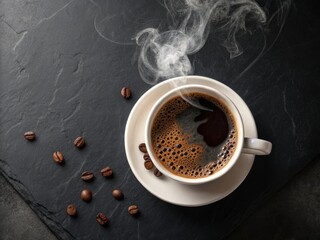 Cup of coffee with smoke on black background, top view.