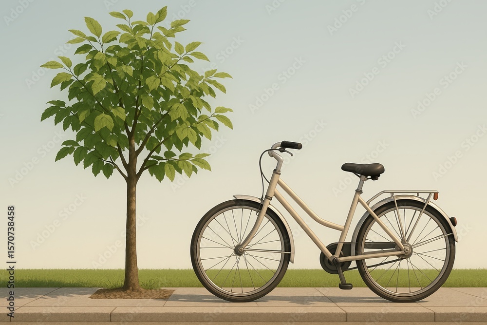 Poster simple 3d bicycle next to a tree on a clear background
