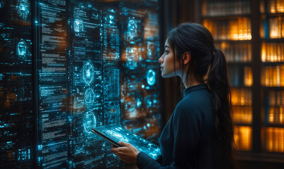 Woman using digital tablet analyzing futuristic transparent screen with data interfaces in high tech dark room
