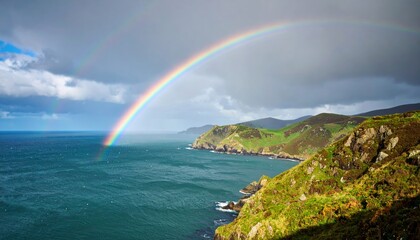Beautiful rainbow spectrum over the blue tropical ocean with clouds, sun, and light