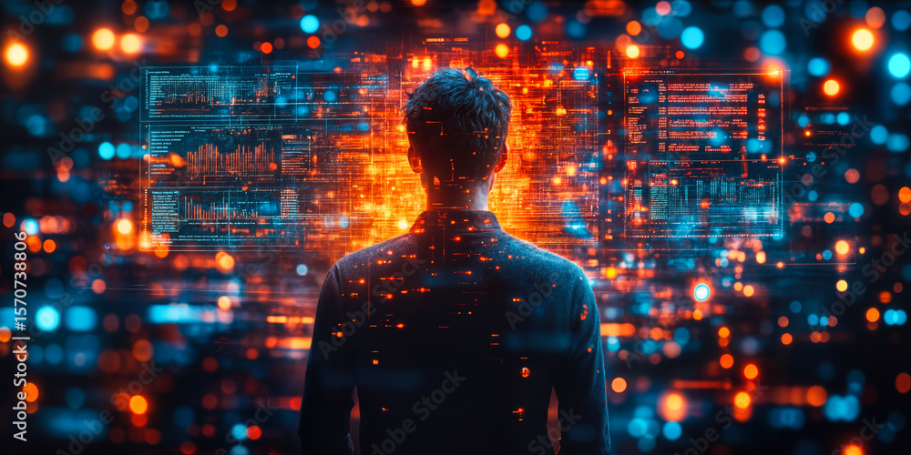 Poster man analyzing futuristic digital data screens with holographic charts and glowing interface in dark 
