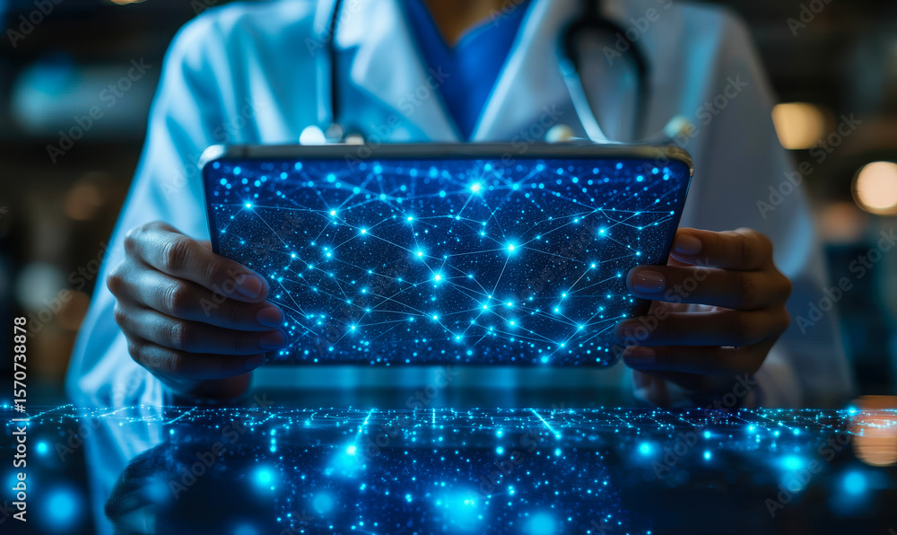 Poster doctor holding digital tablet with holographic network connection visualization and futuristic data 