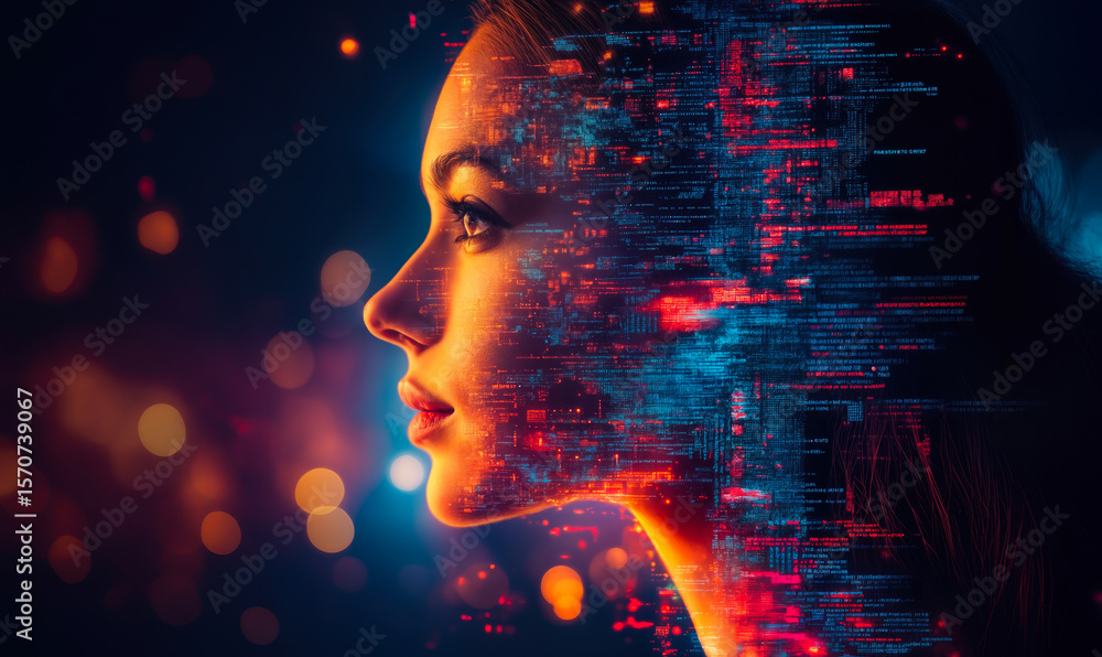 Poster profile of young woman with digital code overlay and glowing abstract data visualization symbolizing