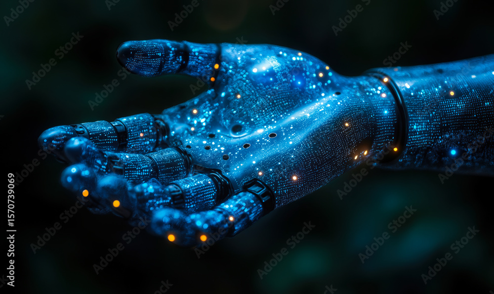 Poster futuristic robotic hand illuminated with blue light showcasing advanced technology and digital innov