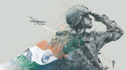 Illustration of Indian soldier saluting to Indian flag with tricolour background - Kargil Vijay Diwas