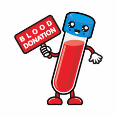 vial of blood sample cartoon character hold the board with blood donation text