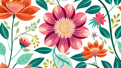 Vibrant floral pattern with large pink and orange flowers and green leaves