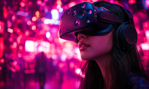 Young woman wearing virtual reality headset and headphones immersed in futuristic neon cityscape with vibrant pink and purple lights background