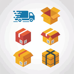 Obraz premium Six Isometric Cardboard Boxes and a Delivery Truck Icon Set Red Orange Yellow and Blue Colors This Is a Flat Design Style Illustration for Shipping Logistics and Delivery Services Concepts