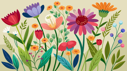 Vibrant and colorful assortment of stylized flowers and foliage