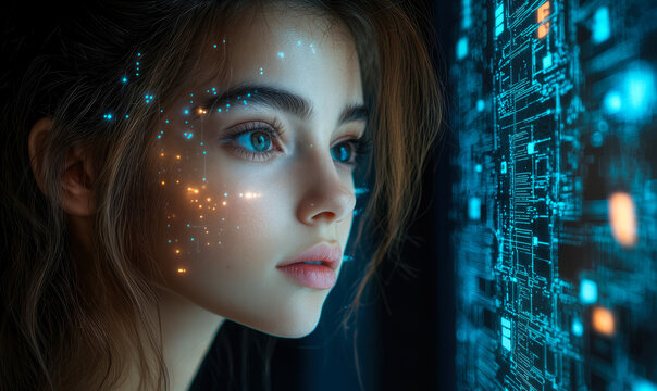 Close-up of young woman with digital facial augmented reality interface analyzing futuristic blue holographic data and technology display