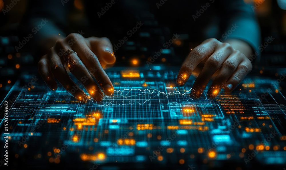 Poster futuristic virtual financial dashboard with glowing data visualization and hands interacting with di
