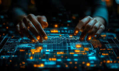 Futuristic virtual financial dashboard with glowing data visualization and hands interacting with digital stock market and analytics interface