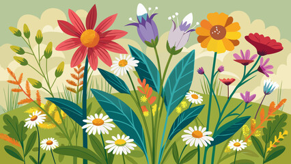 Vibrant meadow filled with colorful wildflowers and lush green foliage