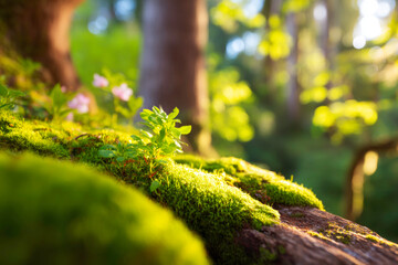 Sunlit mossy tree trunk detail in forest for textured nature closeup