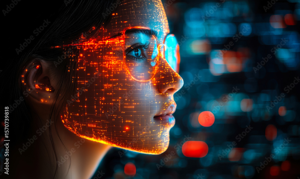 Poster profile of woman face overlaid with glowing orange data grid and futuristic digital interface elemen