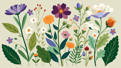 Vibrant collection of diverse wildflowers and foliage in a flat design style