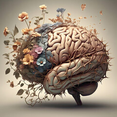 A human brain with one half blossoming with flowers and vines and the other half entangled in thorns symbolizing the duality of growth and pain or positive and negative thoughts