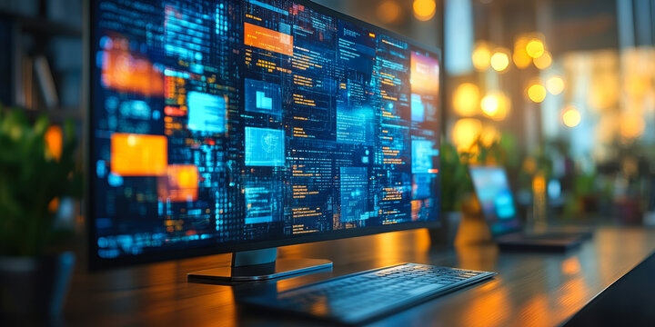 Close-up of computer monitor displaying colorful software code and data analytics dashboard in modern workspace with blurred background