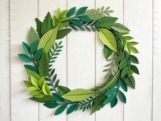 Green leaves wreath on white wooden background. Flat lay, top view