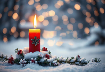 A lit candle adorned with a snowflake design stands in a snowy setting with festive berries and pine branches against a blurred background of twinkling lights
