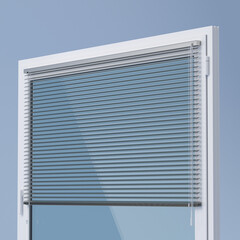 Horizontal Aluminum Blinds and window on blue background, 3D illustration
