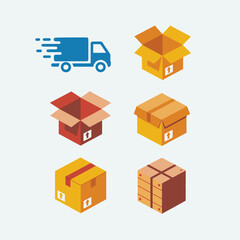 Obraz premium Six Isometric Illustrations of Cardboard Boxes and a Delivery Truck Various Sizes and Colors Open and Closed Packages Shipping and Logistics Concept Simple Flat Design Style