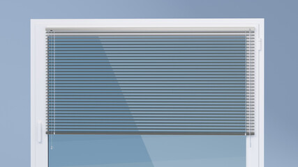 Horizontal Aluminum Blinds and window on blue background, 3D illustration
