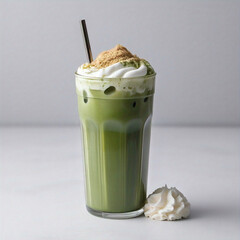 An iced green tea latte topped with whipped cream and a sprinkle of brown powder stands beside a dollop of whipped cream against a clean light background