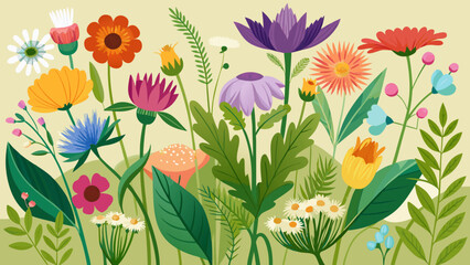Obraz premium Vibrant garden illustration featuring a diverse collection of colorful wildflowers and foliage
