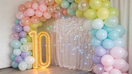colorful balloons in the shape of heart, Magical pastel front rainbow balloon garland, sparkling sequin backdrop and neon number 10 for party.

