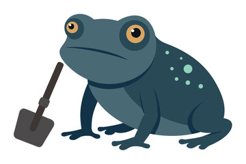 Cartoon frog holding a small shovel ready to dig