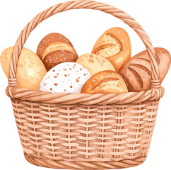 Assorted pastry in a basket watercolor vector illustration