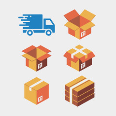 Obraz premium Six Isometric Illustrations of Cardboard Boxes and a Wooden Crate with a Delivery Truck a Blue Delivery Truck Indicating Fast Shipping Orange and Brown Color Scheme Simple Graphic Design