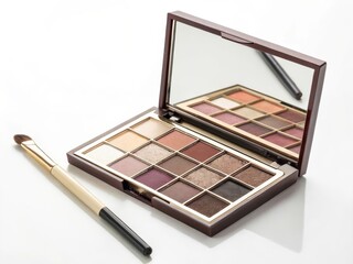 eyeshadow palette and make up brush isolated on white background.