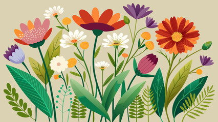 Vibrant abstract illustration of a colorful garden with various blooming flowers