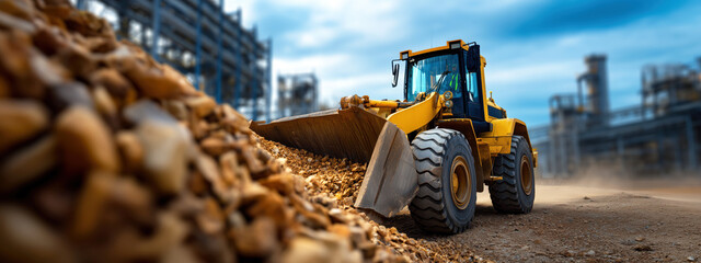 Heavy construction vehicle moving material in an industrial site, showcasing power and efficiency in a dynamic work environment