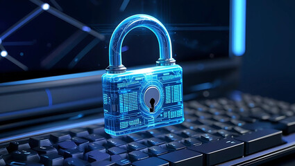 Cybersecurity Lock Above Laptop, Digital Protection Padlock in Dark Tech Style, Online Safety Icon Over Keyboard, generative ai