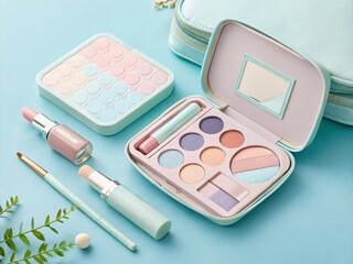 Set of decorative cosmetics on a blue background. Flat lay, top view