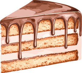 Chocolate cake slice watercolor vector illustration