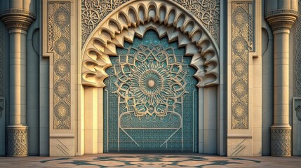 Ceremonial gateway with traditional Islamic architectural details, ornate kaleidoscopic patterns, interweaving geometric designs, elegant floral arabesque motifs, pearl luminescent finish, subtle